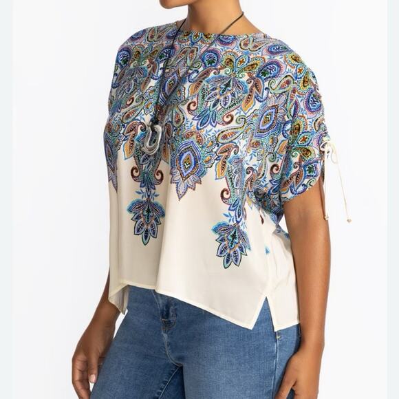 JOHNNY WAS NEW Sz 1X Ruched Sleeve Blouse Ruta Print Top Boho Silk Paisley - Picture 3 of 10